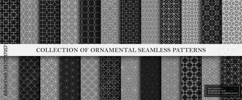 Collection of repeatable geometric ornamental vector patterns. Tile oriental dark luxury backgrounds. Vintage gray and black textures. You can find seamless design in swatches panel