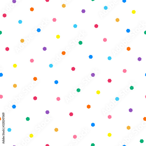 Dotted seamless minimalistic pattern with colorful polygons. Repeatable simple white background - funky vibrant print with hexagons