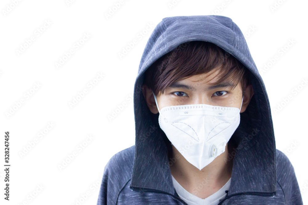 Asian man wearing mask to prevent virus and PM 2.5 dust closeup isolate. Asian man wearing mask to prevent virus and PM 2.5 dust closeup isolate.