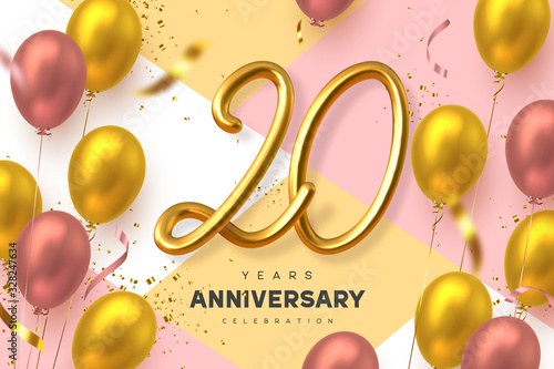 20 years anniversary celebration banner. 3d handwritten golden metallic number 10 and glossy balloons with confetti. Vector realistic template.