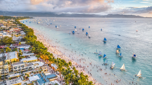 Coastal Resort Scenery of Boracay Island, Philippines, a Tourism Destination for Summer Vacation in Southeast Asia, with Tropical Climate and Beautiful Landscape. Aerial View..