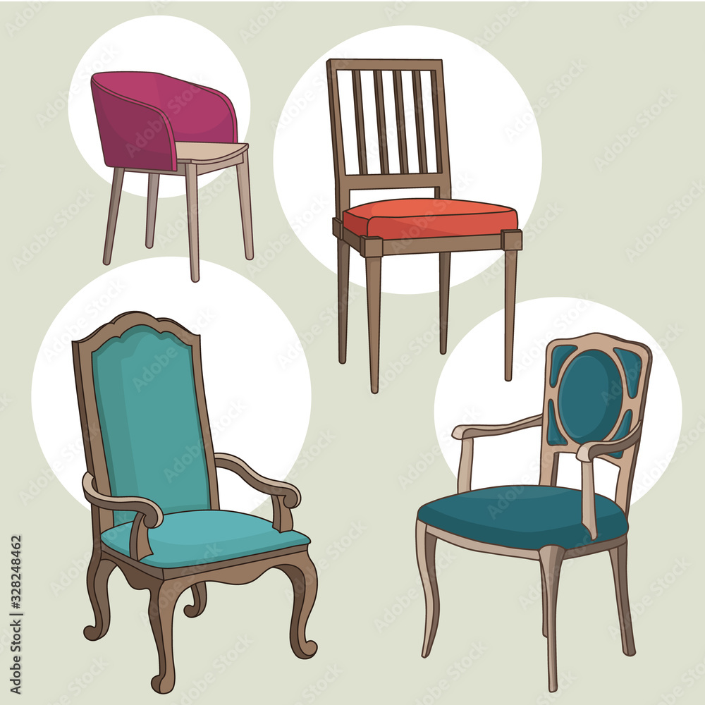 Vector set of isolated armchairs and chairs Vector set of isolated armchairs and chairs