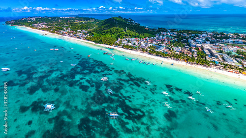Coastal Resort Scenery of Boracay Island, Philippines, a Tourism Destination for Summer Vacation in Southeast Asia, with Tropical Climate and Beautiful Landscape. Aerial View..