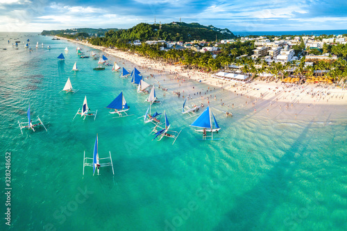 Coastal Resort Scenery of Boracay Island, Philippines, a Tourism Destination for Summer Vacation in Southeast Asia, with Tropical Climate and Beautiful Landscape. Aerial View..