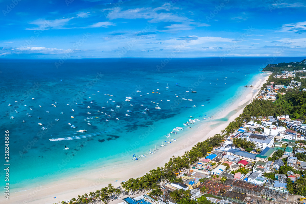 Coastal Resort Scenery of Boracay Island, Philippines, a Tourism Destination for Summer Vacation in Southeast Asia, with Tropical Climate and Beautiful Landscape. Aerial View..