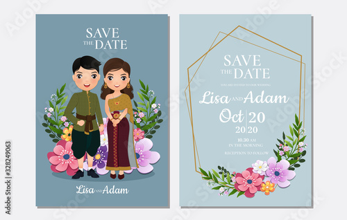  Wedding invitation card the bride and groom Thai cute couple cartoon character.Colorful vector illustration for event celebration 