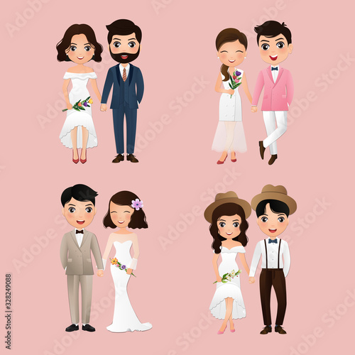 Set of characters cute bride and groom.Wedding invitations card.Vector illustration in couple cartoon in love