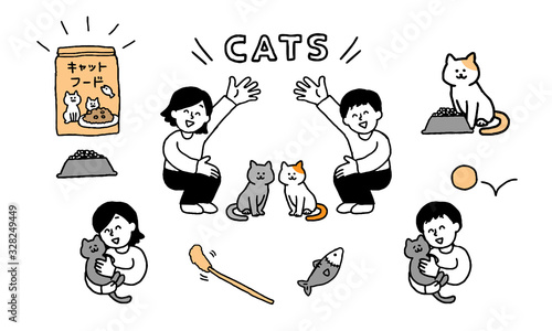 猫を飼う男性女性(シンプル）
