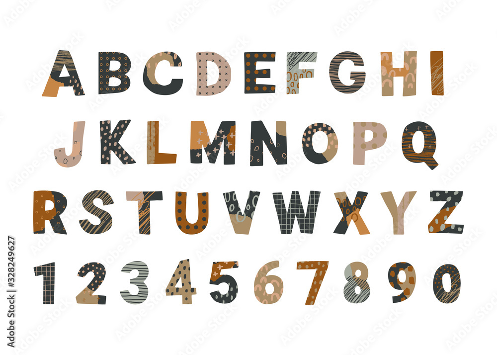 Collage style alphabet letters and numbers. Vector handwriting type. Cut out font.