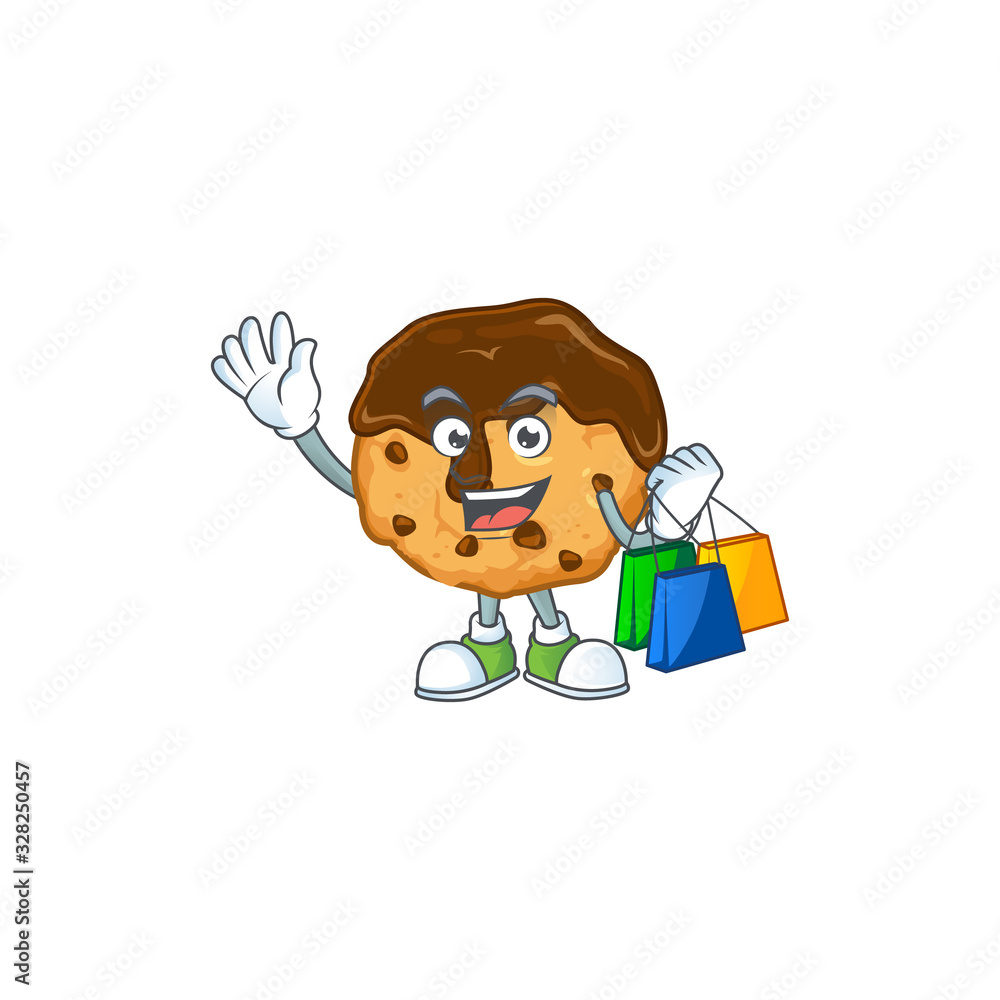 A rich chocolate chips with cream cartoon design waving and holding Shopping bag
