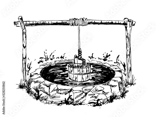 Obraz na plátně The old well ink drawing