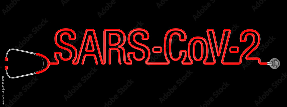 Stethoscope coronavirus SARS-CoV-2 / 3D illustration of red stethoscope tubing forming text