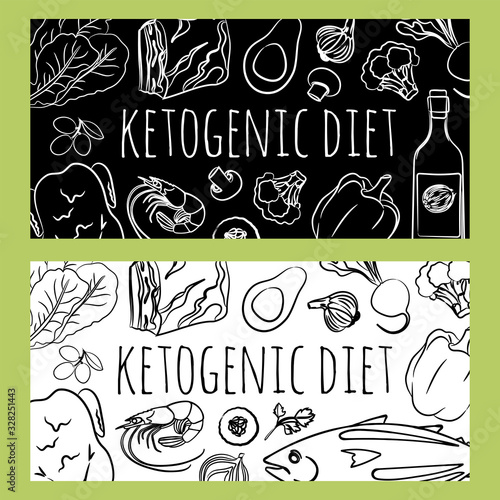 KETO BANNER BLACK Healthy Food Low Carb Diet Organic Proper Nutrition Flyer Text Vector Illustration Set for Print