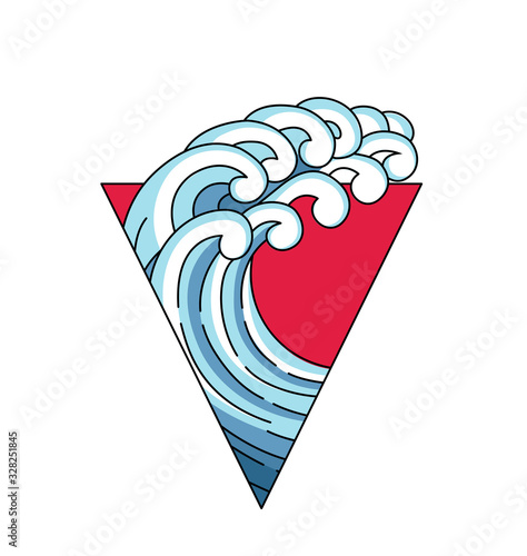 Japan wave in triangle red sun logo. Japane oriental style vector art illustration. Vector Japan wave in red triangle. Linear style outline logo. Asian, chinese ocean blue wave trigon logo.