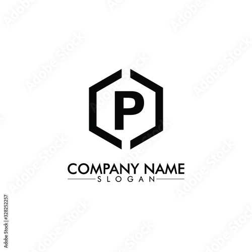 hexagon shape with P letter company name logo design vector