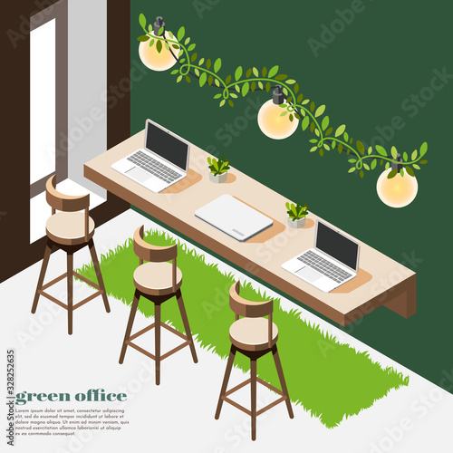 Green Office Isometric Colored Background