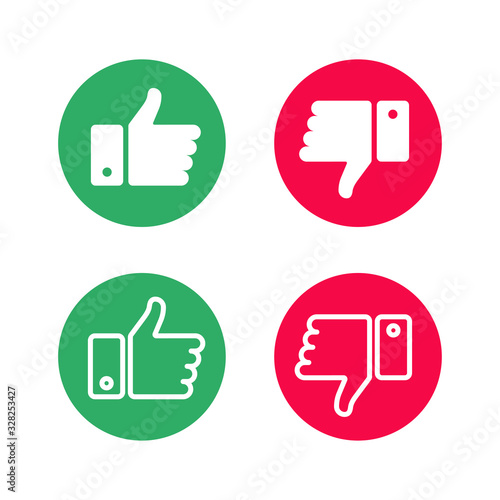 Set like icons on white background. Four objects. Red and green. Thumbs up and thumbs down. Vector