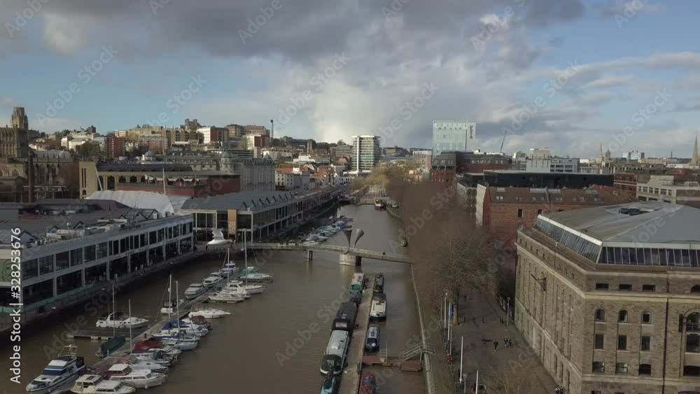 Aerial view of a downtown river marina o a sunny day Aerial view of a downtown river marina o a sunny day