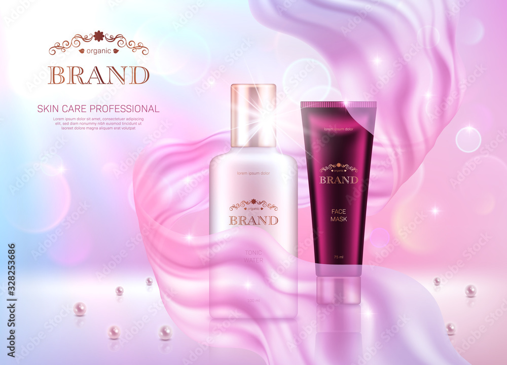 Realistic tonic bottle and face mask tube with golden lids on pink bokeh background with smooth transparent chiffon fabric. Advertising poster for the promotion of cosmetic skin care premium product Realistic tonic bottle and face mask tube with golden lids on pink bokeh background with smooth transparent chiffon fabric. Advertising poster for the promotion of cosmetic skin care premium product