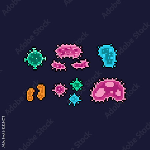 Pixel art cartoon virus icon set.
