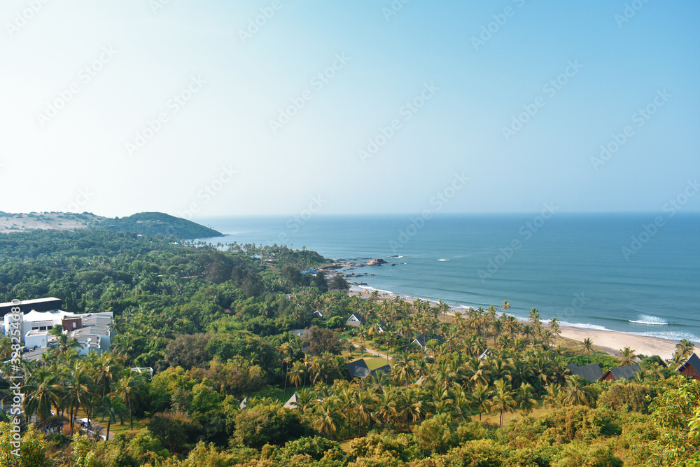 aerial footage of a ocean and a forest just beside it