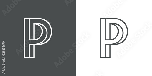 Icono lineal letra inicial P tridimensional en perspectiva imposible en fondo gris y fondo blanco