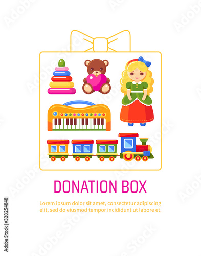 Donation box with children's toys. Doll, train, toy pyramid, bear and musical piano set. Vector charity concept illustration