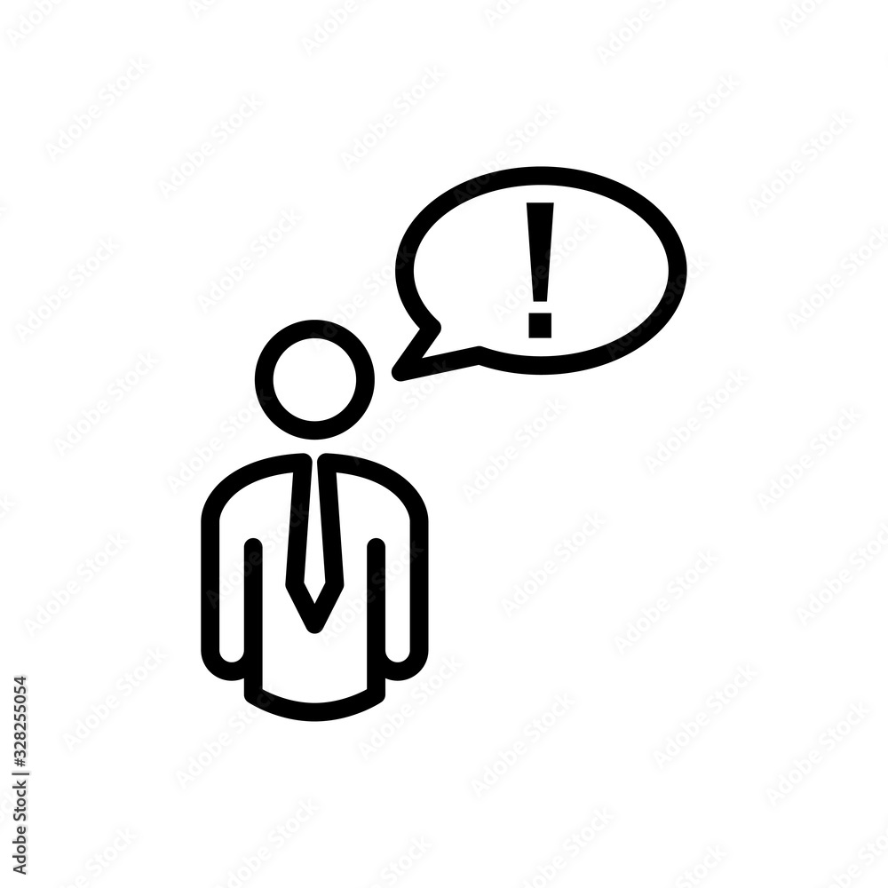 Símbolo atención. Icono plano lineal hombre con exclamación en globo en color negro Símbolo atención. Icono plano lineal hombre con exclamación en globo en color negro