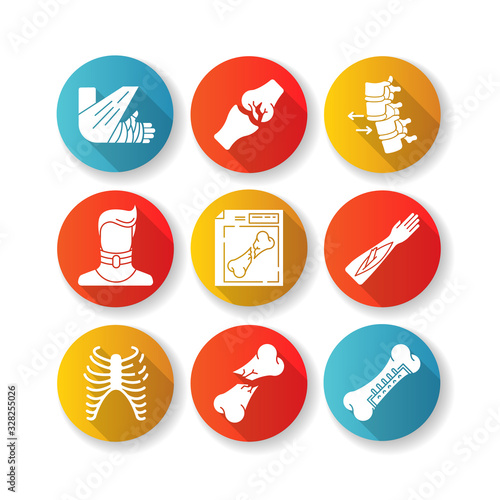 Bone fractures flat design long shadow glyph icons set. X-ray scan. Spine dislocation. Broken neck. Surgery. Open fracture. Limb and body part injuries. Healthcare. Silhouette RGB color illustration