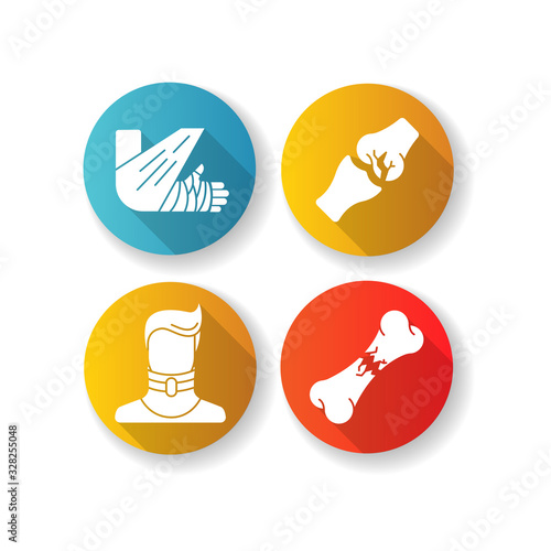Body injuries flat design long shadow glyph icons set. Bone and joint fractures. Broken neck. Cervical collar. Arm in bandage, plaster. Medical condition. Treatment. Silhouette RGB color illustration