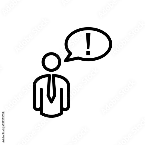 Símbolo atención. Icono plano lineal hombre con exclamación en globo en color negro