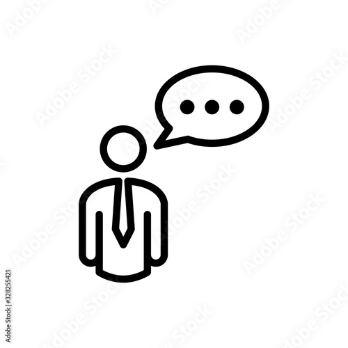 Símbolo mensaje. Icono plano lineal hombre con comentario en globo de habla en color negro