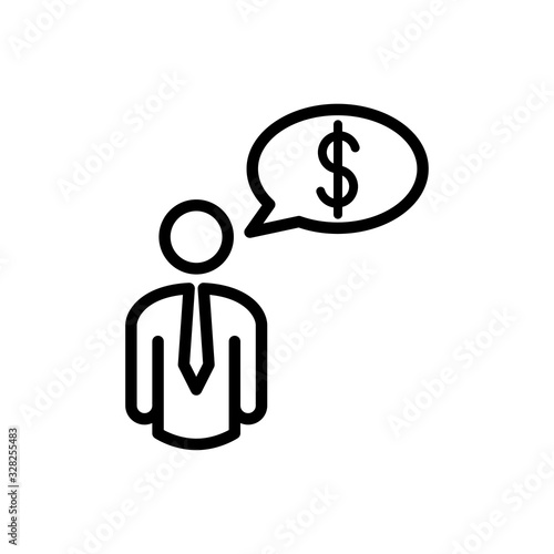 Icono plano lineal hombre con símbolo dolar en globo en color negro