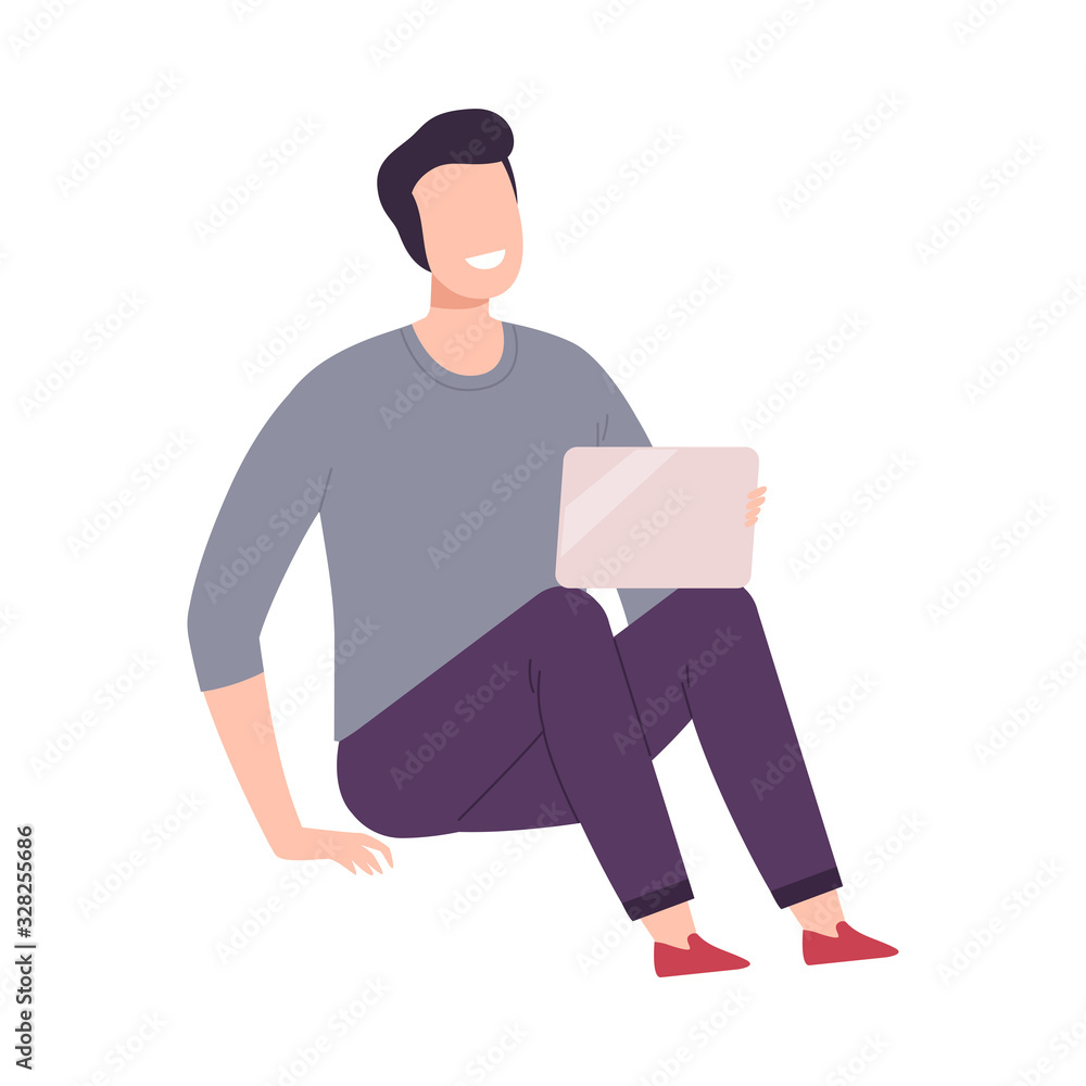 Young Man with Modern Digital Gadget, Guy Sitting on the Floor and Communicating Using His Laptop Computer Flat Vector Illustration Young Man with Modern Digital Gadget, Guy Sitting on the Floor and Communicating Using His Laptop Computer Flat Vector Illustration