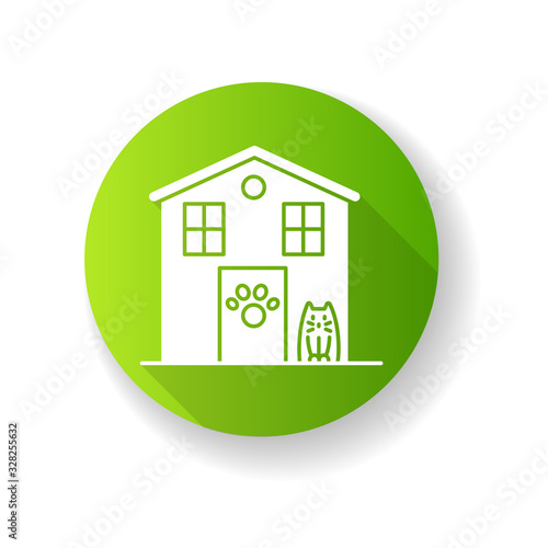Animal shelter exterior sign green flat design long shadow glyph icon. Stray cats and dogs house, homeless animals care place. Kitty welcome area. Silhouette RGB color illustration
