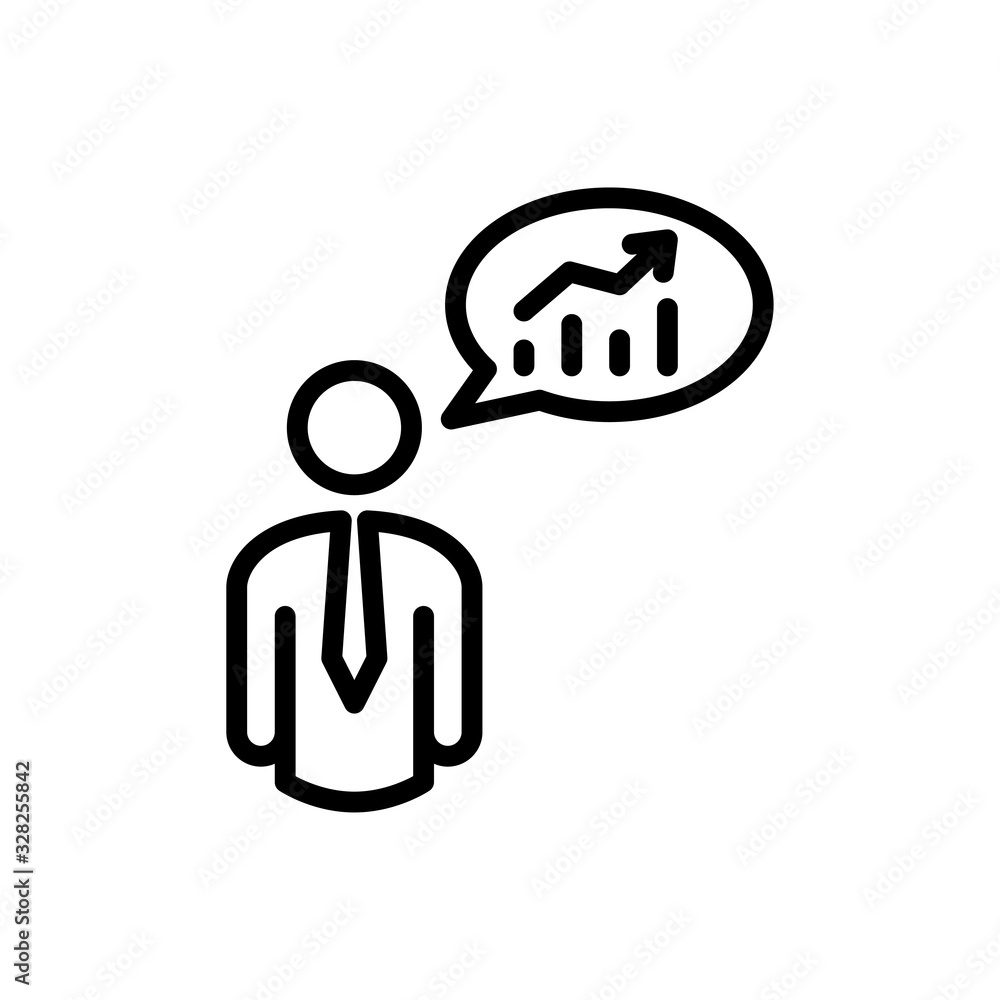 Presentación de datos financieros. Icono plano lineal hombre con gráfica en globo en color negro Presentación de datos financieros. Icono plano lineal hombre con gráfica en globo en color negro