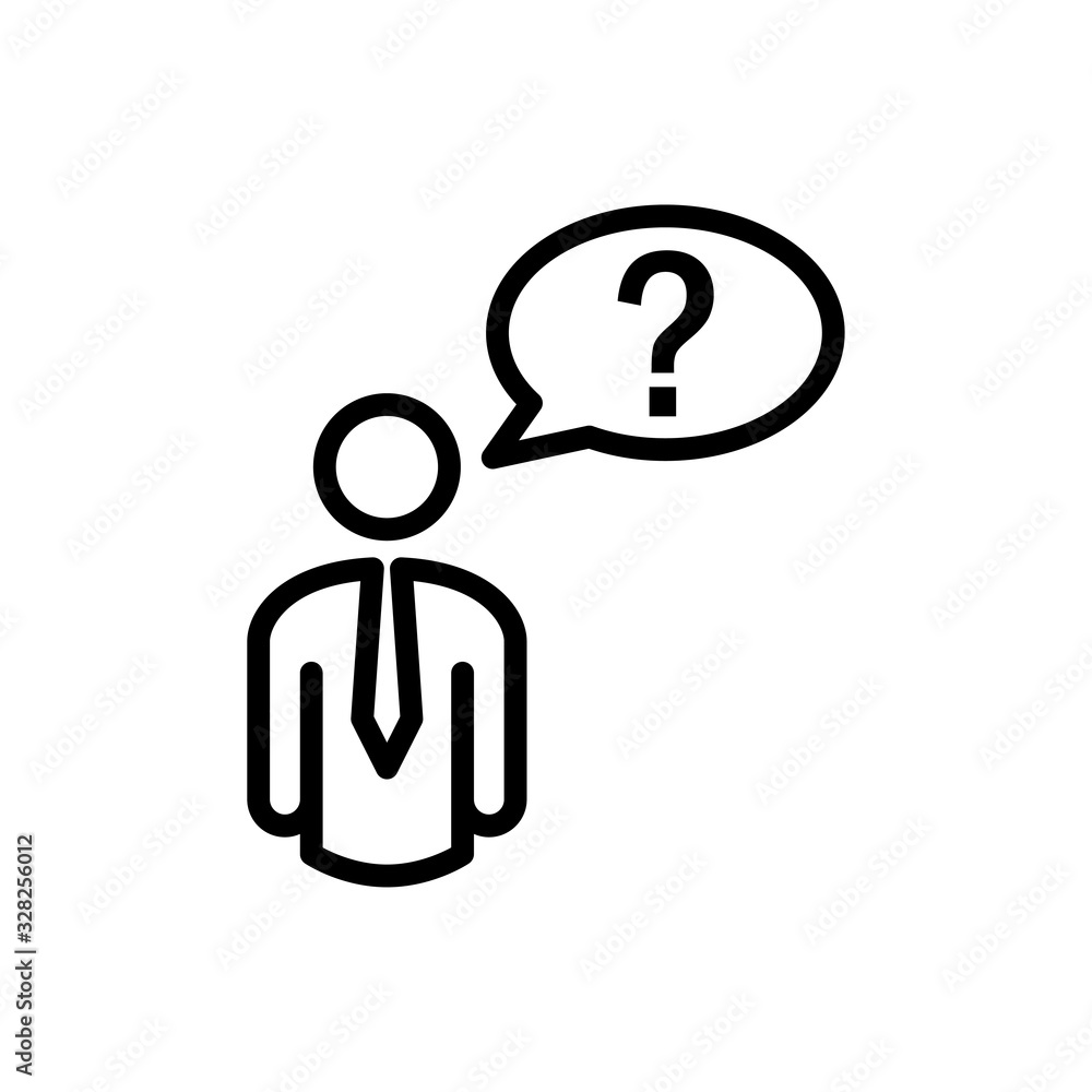 Símbolo preguntas más frecuentes. Icono plano lineal hombre con pregunta en globo en color negro Símbolo preguntas más frecuentes. Icono plano lineal hombre con pregunta en globo en color negro