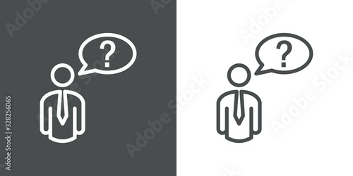 Símbolo preguntas más frecuentes. Icono plano lineal hombre con pregunta en globo en fondo gris y fondo blanco