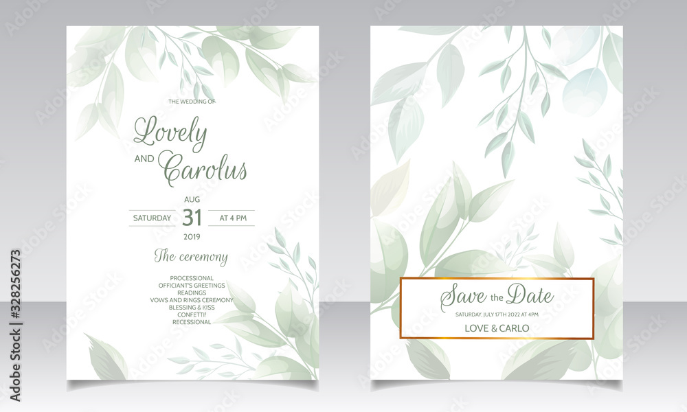 Set of cards with floral decoration. greenery wedding invitation template design