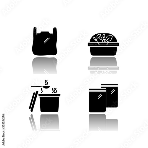 Takeout packages drop shadow black glyph icons set. Plastic bag with handles, container with lid for salad, zip packet, hot food takeaway package. Isolated vector illustrations on white space