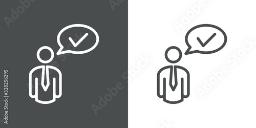Icono plano lineal hombre con tilde en globo en fondo gris y fondo blanco