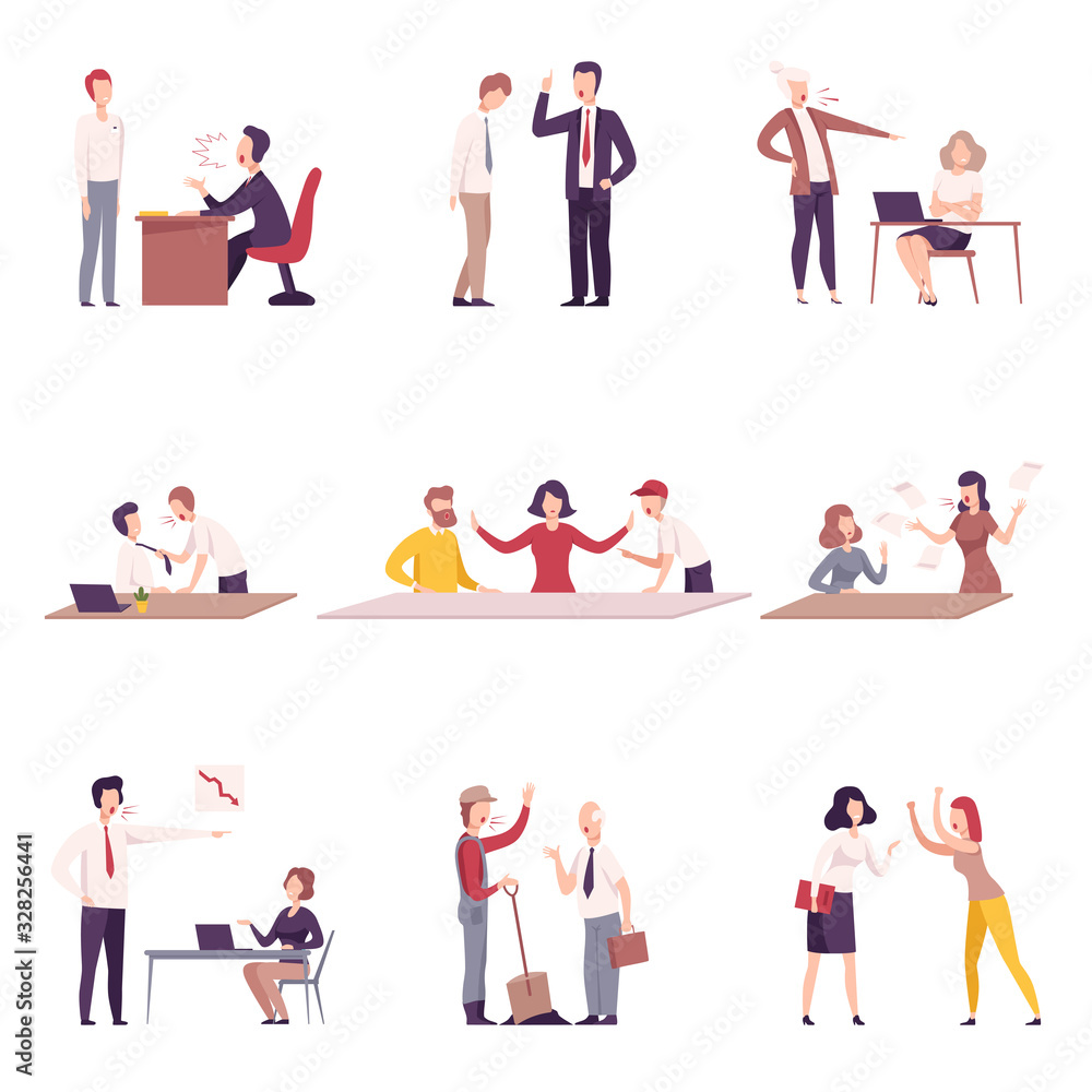 Bosses Threatening and Yelling to Office Workers Set, Stressful Working Environment Flat Vector Illustration