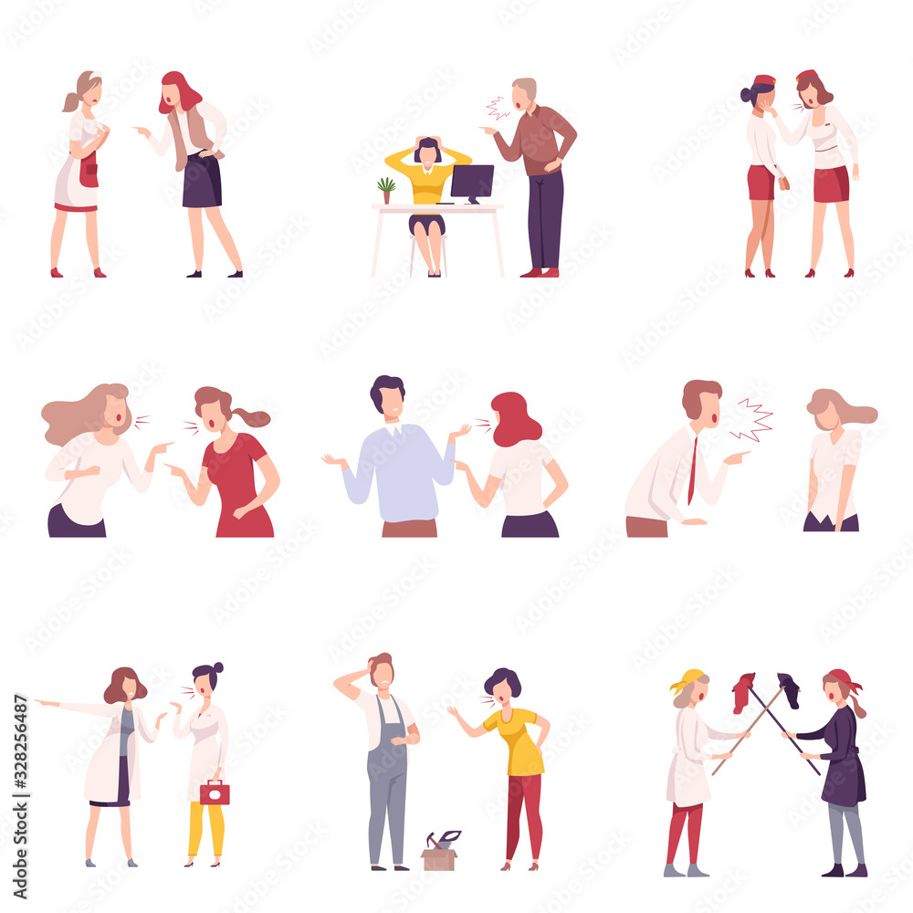 Furious Female Colleagues Arguing and Shouting Set, Stressful Working Environment Flat Vector Illustration Furious Female Colleagues Arguing and Shouting Set, Stressful Working Environment Flat Vector Illustration