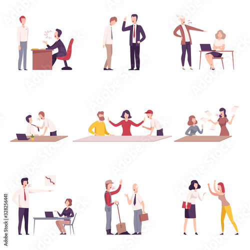 Bosses Threatening and Yelling to Office Workers Set, Stressful Working Environment Flat Vector Illustration