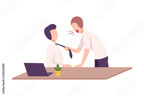 Boss Threatening and Yelling to Male Office Worker, Frightened Employee Shocked by Furious Manager, Stressful Working Environment Flat Vector Illustration