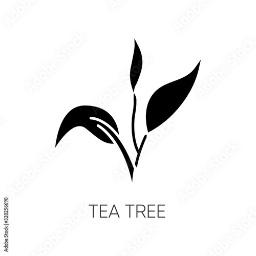 Tea tree black glyph icon. Skincare product component. Organic beauty. Herbal moisture. Essential oil. Natural cosmetic ingredient. Silhouette symbol on white space. Vector isolated illustration