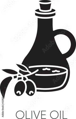 Olive oil black glyph icon. Vegan component. Moisturizing effect for skincare. Traditional food seasoning. Extra virgin oil. Silhouette symbol on white space. Vector isolated illustration