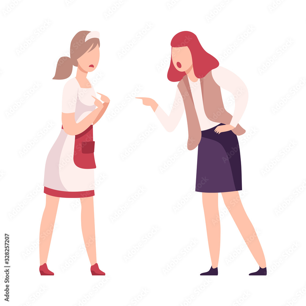 Two Young Women Arguing and Shouting, Girl Yelling at Waitress Flat Vector Illustration Two Young Women Arguing and Shouting, Girl Yelling at Waitress Flat Vector Illustration