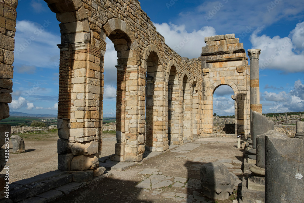 Roman basilica in the archaeological site of Volubilis near Meknes / Morocco