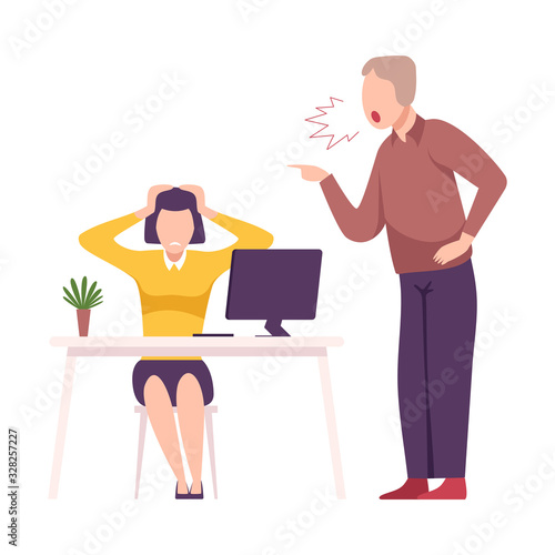 Rude Boss Yelling to Office Worker, Stressful Working Environment Flat Vector Illustration